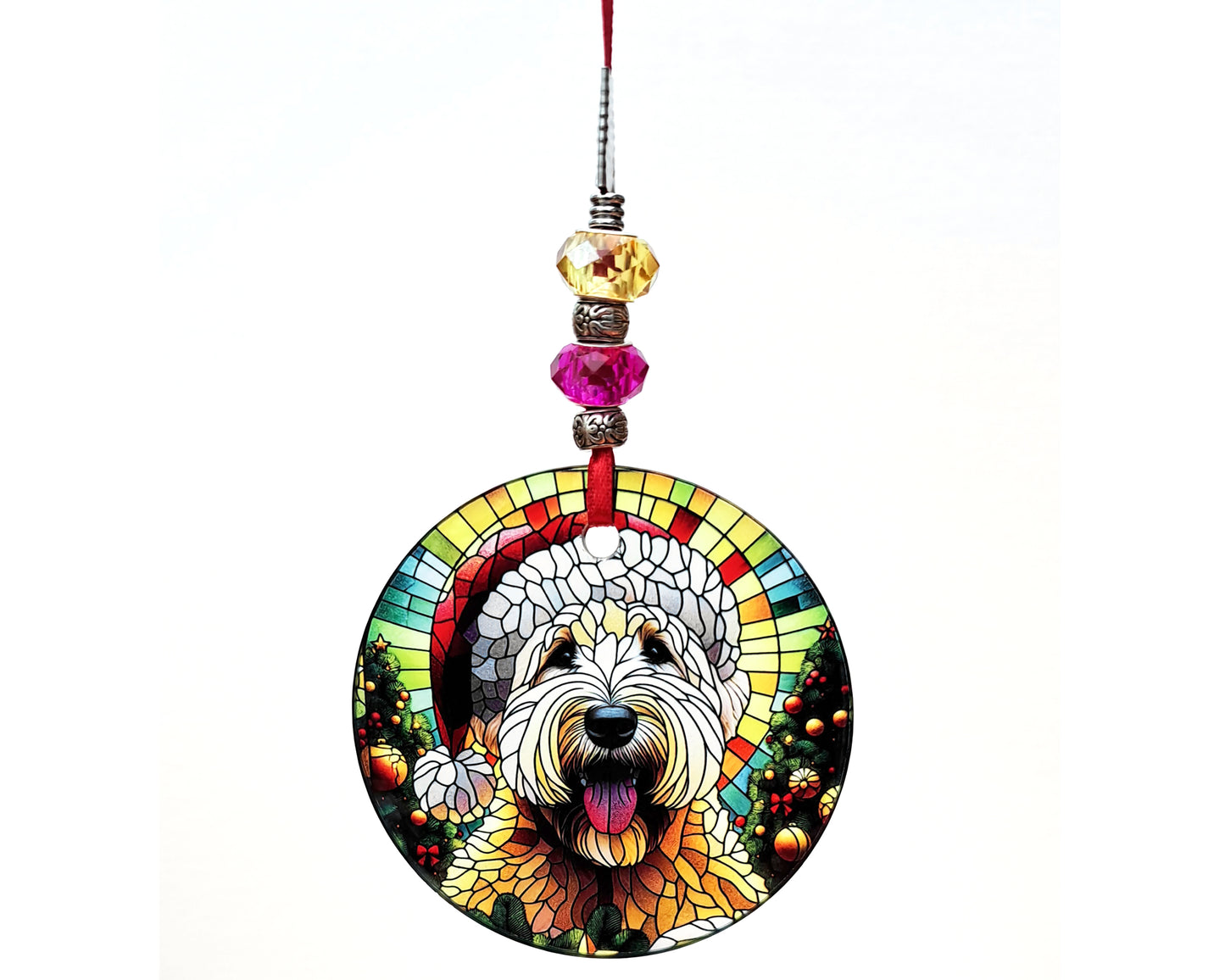 Stained Glass Wheaten In Santa Hat Tree Light Catcher Decoration