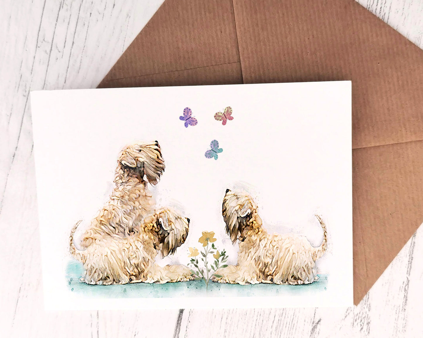 soft coated wheaten terrier wheatens & butterflies card