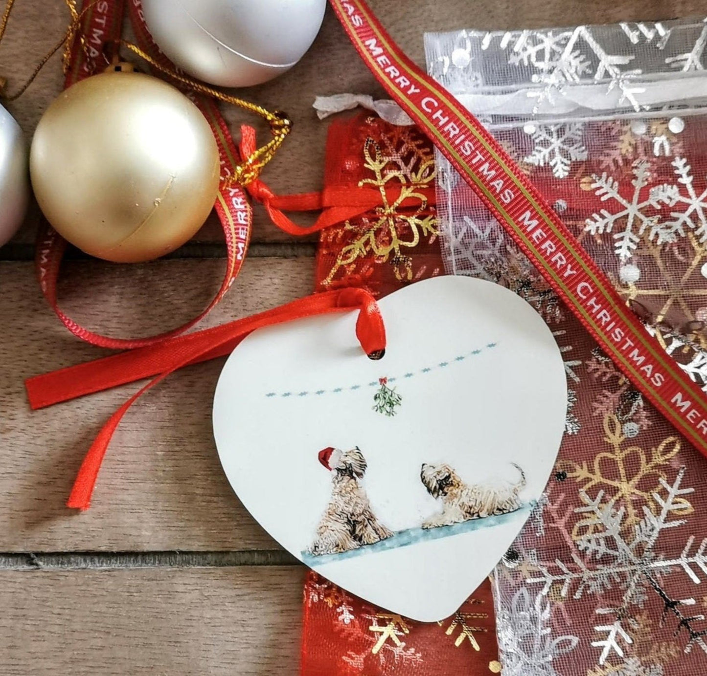 Mistletoe Wheaten Christmas Heart Tree Decoration