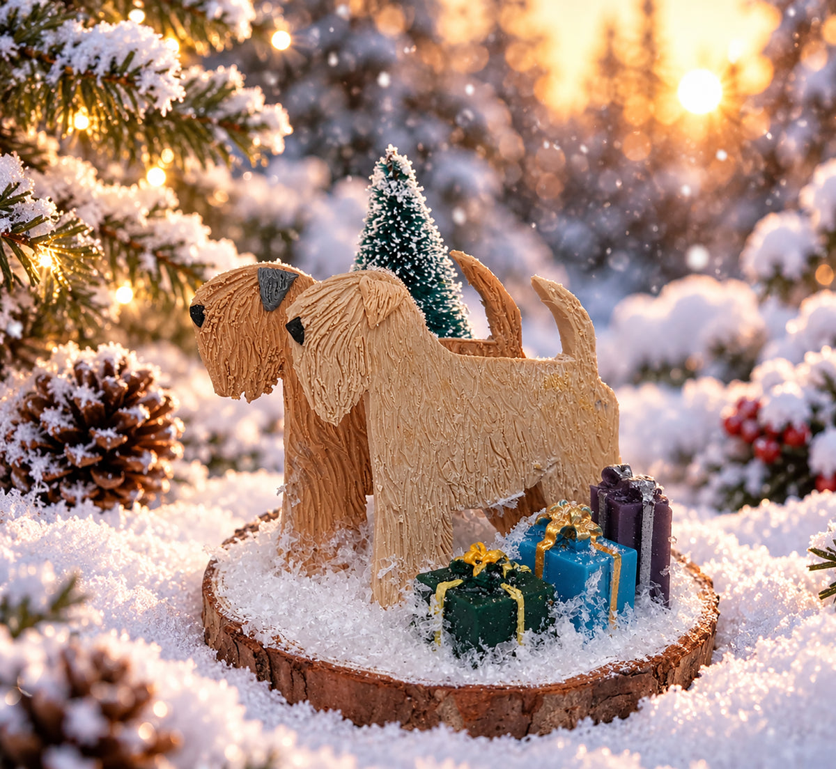 Soft Coated Wheaten Terriers In Snow On Wood Slice (small)